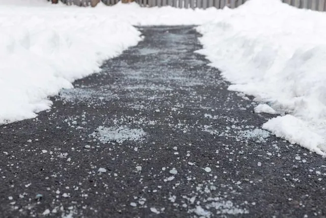Walkway cleared to bare pavement between banks of snow.