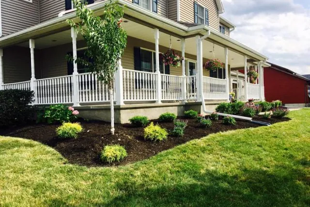 Front yard with new shrub planting and a mulched bed.